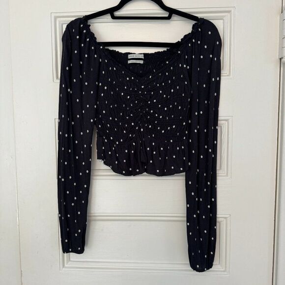 Urban Outfitters Black Polka Dot Smocked Long Sleeve Crop Top - Picture 4 of 10